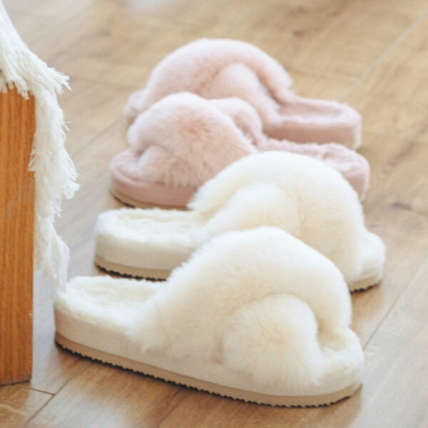 Women Fashion Warm Fluffy Slippers Cozy Faux Fur Cross Indoor Floor Slides Flat Soft Furry